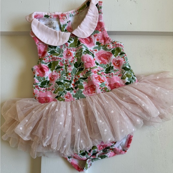 Mud Pie Other - Floral Baby Romper with Pink Tulle Skirt
